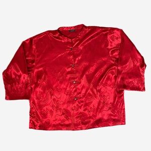 Natori Brocade Red Ryu Dragon Mandarin Pajama top satin cheongsam modern 3X